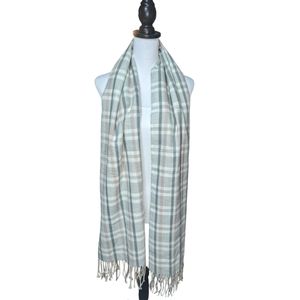 Banana Republic Factory Tartan Gray, White and Pink Plaid Fringe Scarf